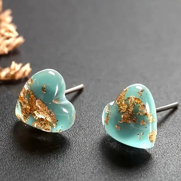 Jewelry - Blue Heart Gold Flake Fleck Glitter Sparkle Resin Dainty Tiny Stud Post Earrings